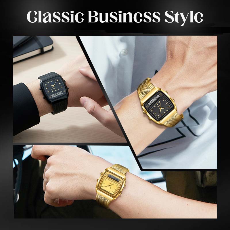 Herren Multifunktionsuhr mit Dual-Display – Quarz & Digital, Edelstahlarmband, wasserdicht ⌚💧