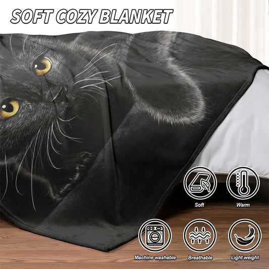 ✨🎅Weihnachtsangebote – Nur für kurze Zeit!⏰Verstärkte Ultra-Warme Bettdecke mit Schwarz Katze Motiv für die Bettkante