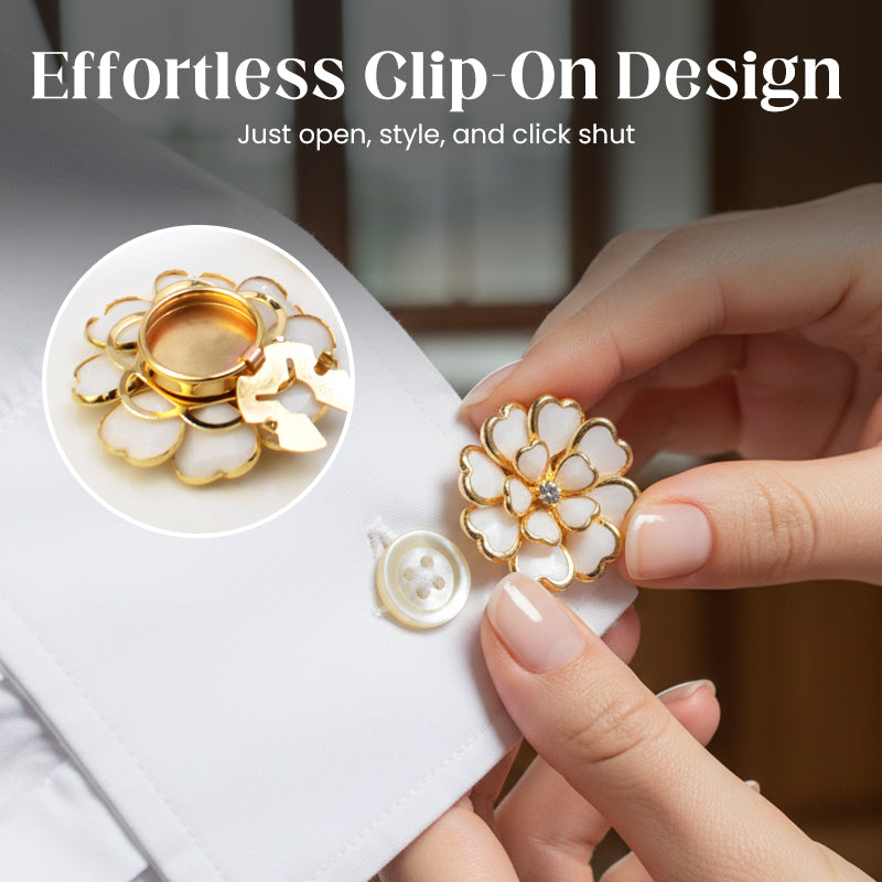 Zweiteiliges Schmuckset: Manschettenknöpfe & Brosche mit Rhinestone-Blütendesign ✨🌷 Vielseitig tragbar – Für festliche Anlässe & elegante Alltagsakzente