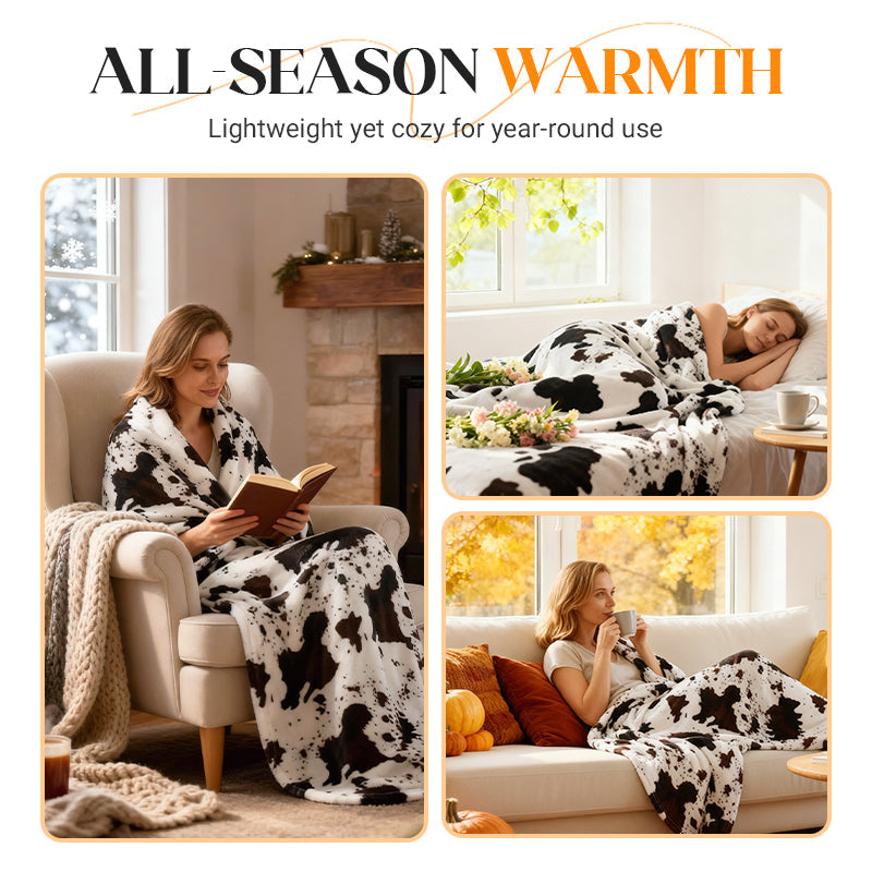 📢 50 % RABATT !!Kuschelige Flanell-Wurfdecke mit Kuhflecken-Muster – Weich & Warm für Sofa & Bett 🛋️🐄