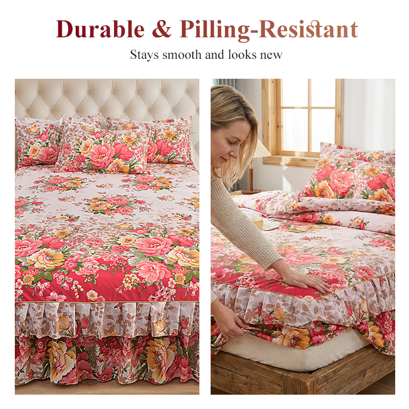 3-Piece Floral Ruffled Bed Skirt Set