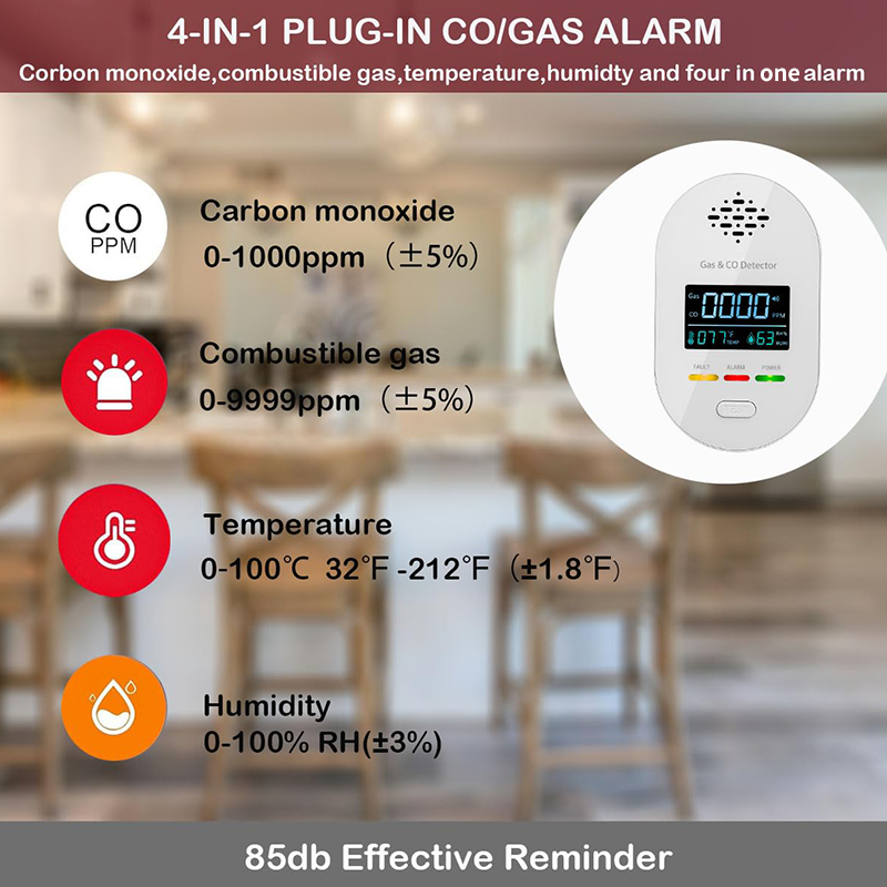 🔔 4-in-1 Gas- & CO-Melder mit LCD-Display – Temperatur- & Luftfeuchtigkeitsanzeige