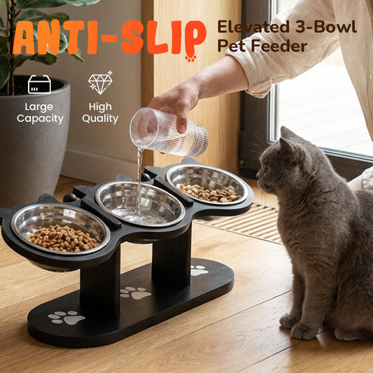 Erhöhter Futtertrog mit 3 Näpfen – rutschfest & stabil – für Hunde und Katzen 🐾🥣