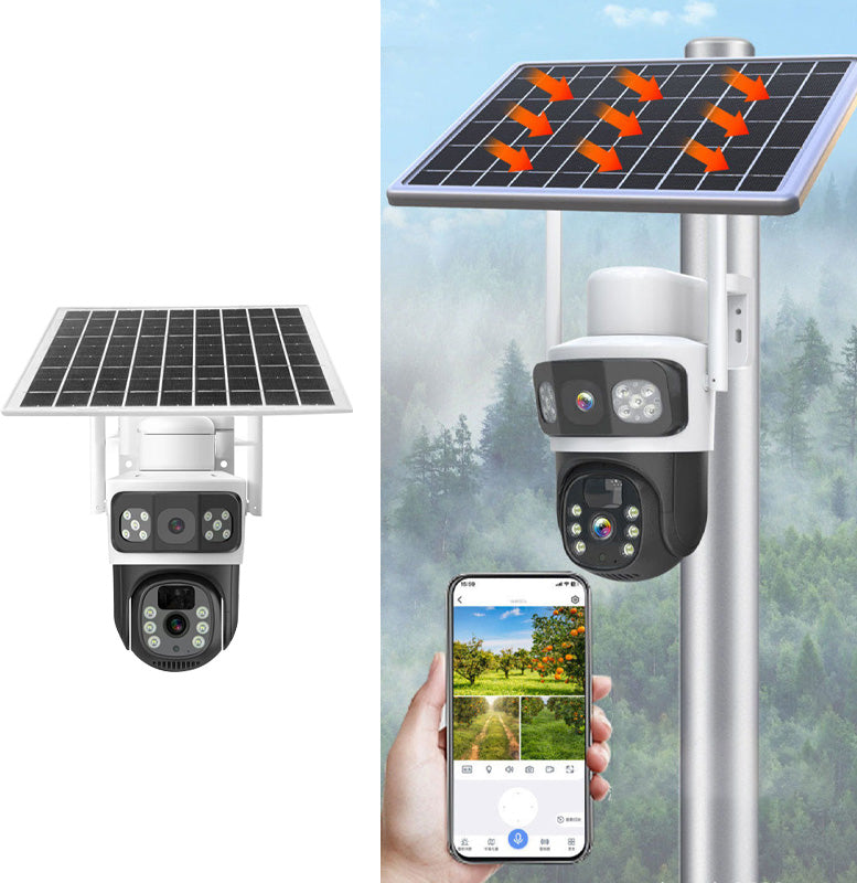Solarbetriebene Überwachungskamera mit Akku – Dual-Objektiv, 3-geteiltes Bild, HD-Nachtsicht – per App steuerbar für Zuhause☀️🔋