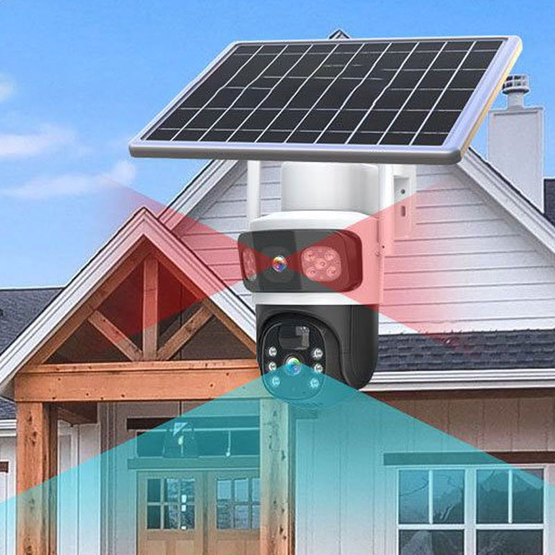 Solarbetriebene Überwachungskamera mit Akku – Dual-Objektiv, 3-geteiltes Bild, HD-Nachtsicht – per App steuerbar für Zuhause☀️🔋