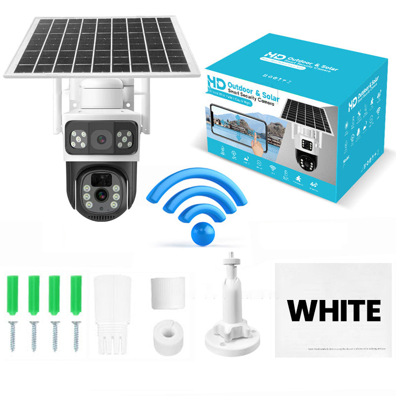 Solarbetriebene Überwachungskamera mit Akku – Dual-Objektiv, 3-geteiltes Bild, HD-Nachtsicht – per App steuerbar für Zuhause☀️🔋