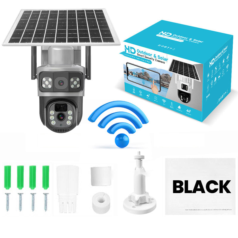 Solarbetriebene Überwachungskamera mit Akku – Dual-Objektiv, 3-geteiltes Bild, HD-Nachtsicht – per App steuerbar für Zuhause☀️🔋