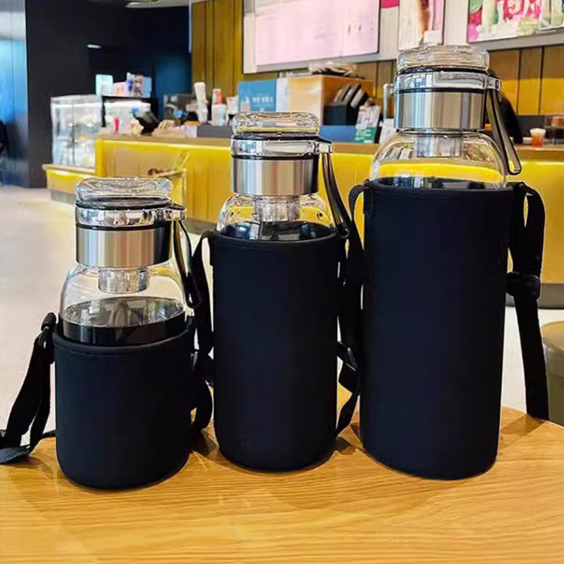 🔥 50 % Rabatt! 🥤 Große Borosilikatglas Trinkflasche mit Schutzhülle & Teesieb