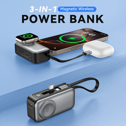 📢50 % RABATT⏰ 3‑in‑1 Magnetische Mini‑Powerbank 5000 mAh, kabelloses Laden für iPhone, Watch & Android