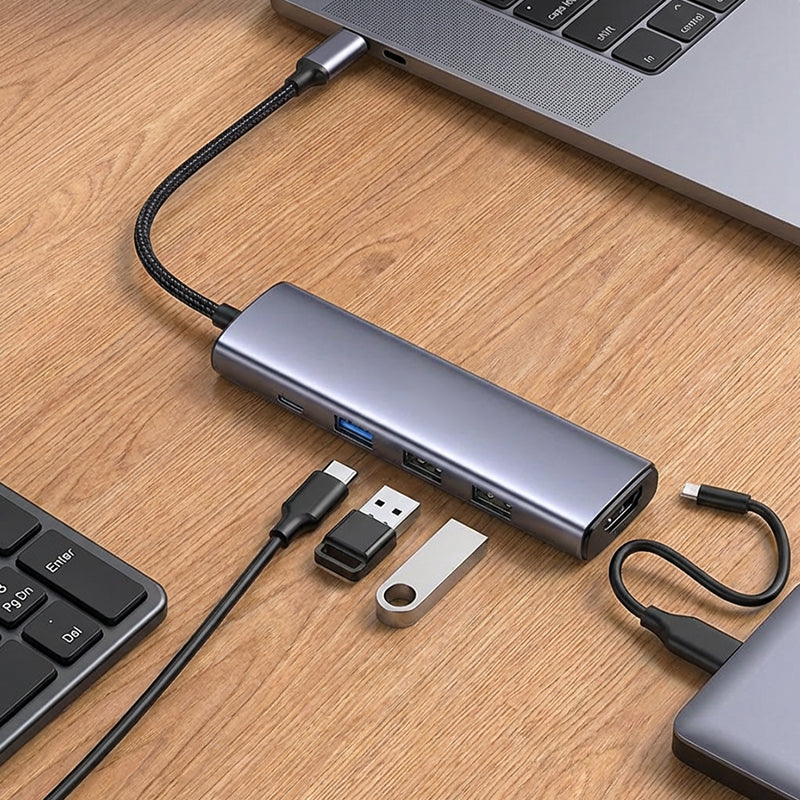 Tragbarer 5-in-1 USB-C Hub – mit 4K HDMI-Ausgang – ideal für Laptop, Tablet & Zuhause – schnell & vielseitig