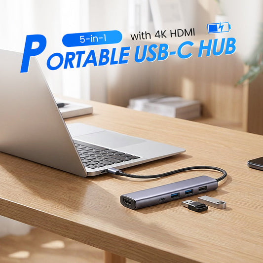 💻 50 % Rabatt – Tragbarer 5-in-1-USB-C-Hub mit 4K-HDMI-Ausgang – Hochgeschwindigkeits-Datenübertragung, 100-W-Ladefunktion & Aluminiumgehäuse 🔌