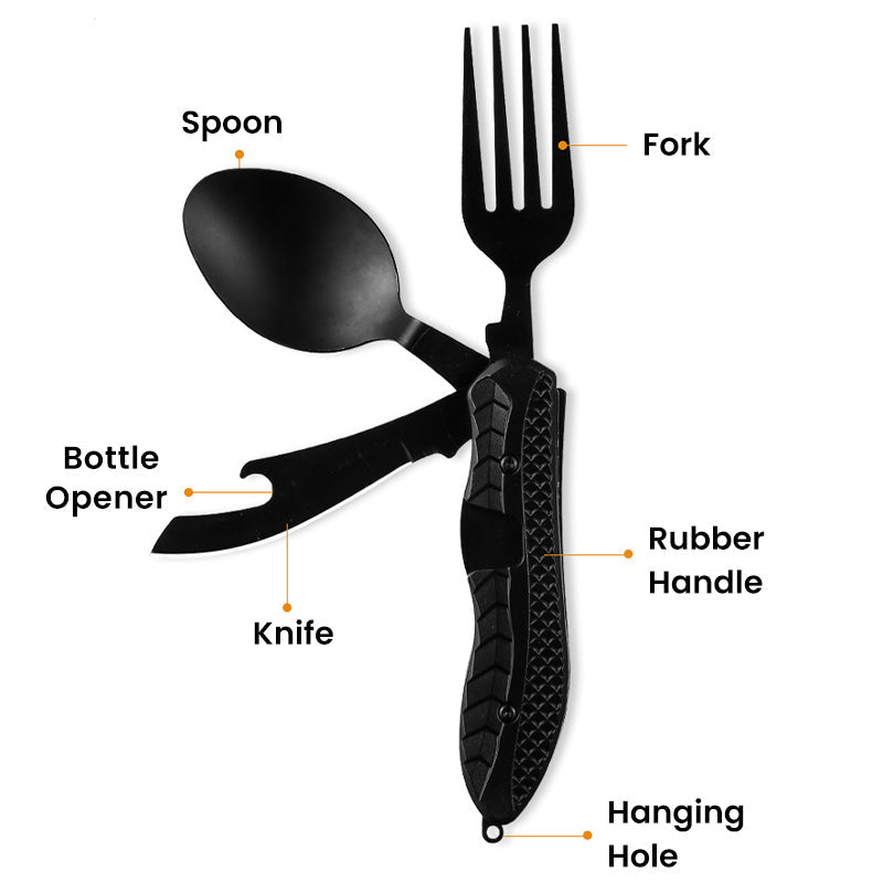 Multifunktionales Camping Besteck 🏕️ Tragbares 4-in-1 Set mit Messer, Gabel & Löffel
