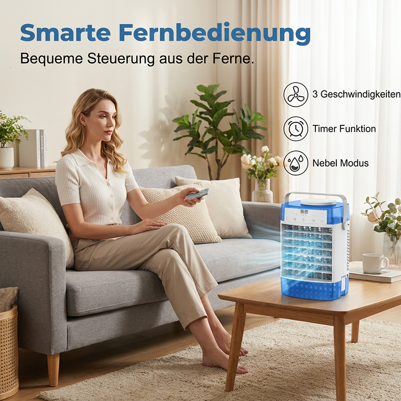 ❄️ Tragbarer Luftkühler mit Fernbedienung – 3-in-1: Ventilator, Kühlung & Befeuchtung, leise & stromsparend