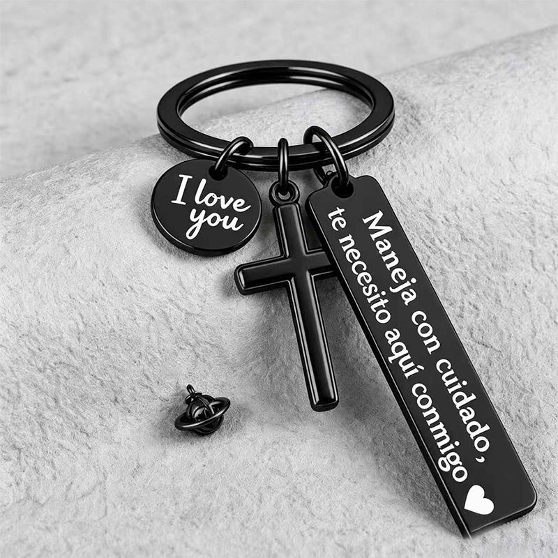 🙏 Edelstahl-Kreuz Schlüsselanhänger mit Gravur „Fahr vorsichtig – ich brauche dich hier bei mir“ – schützender Begleiter für unterwegs, ideal als Geschenk für Fahrer & Angehörige 🚗💙
