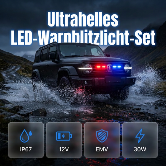 🚗 Kabellos fernsteuerbares 4er-Set LED-Kühlergrill-Blinklichter – 4×4 LEDs, einfach zu montieren, ideal als Warnlicht & Tagfahrlicht ⚡