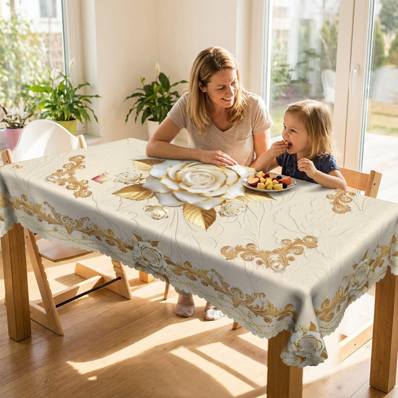 🛍️ 50 % Rabatt – Elegantes Tischdecken-Set mit Rose & goldgeprägtem Muster – wasserdicht, ölbeständig & stilvoll – ideal für Esstisch, Couchtisch & Wohnzimmer 🌹