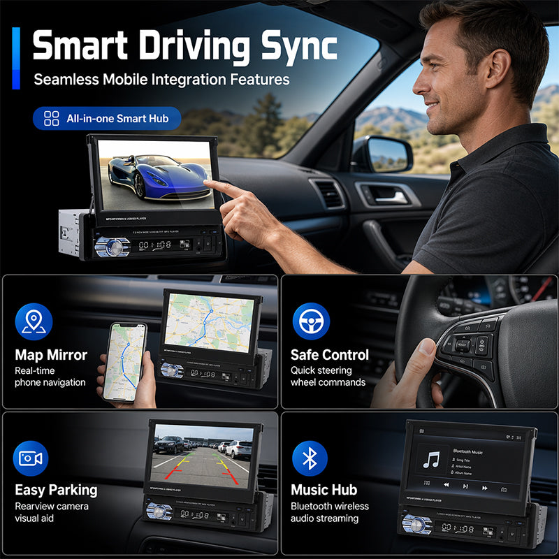 🛍️ 50 % Rabatt – 7-Zoll-Car-MP5-Player mit elektrisch ausfahrbarem Bildschirm – Bluetooth-Freisprecheinrichtung, Rückfahrkamera-Priorität & FM-Radio 📻