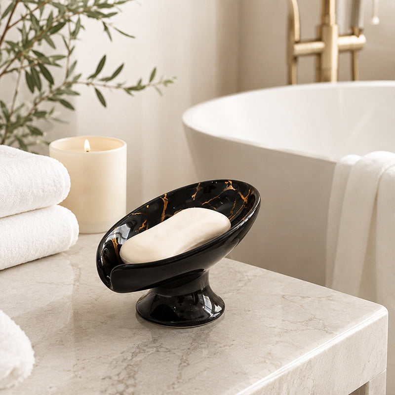 📢 50% RABATT! 🧼 Keramik Seifenschale mit Blattform & Selbstablauf – Rutschfest, wasserableitend & elegant – Ideal für Bad & Küche 🌿