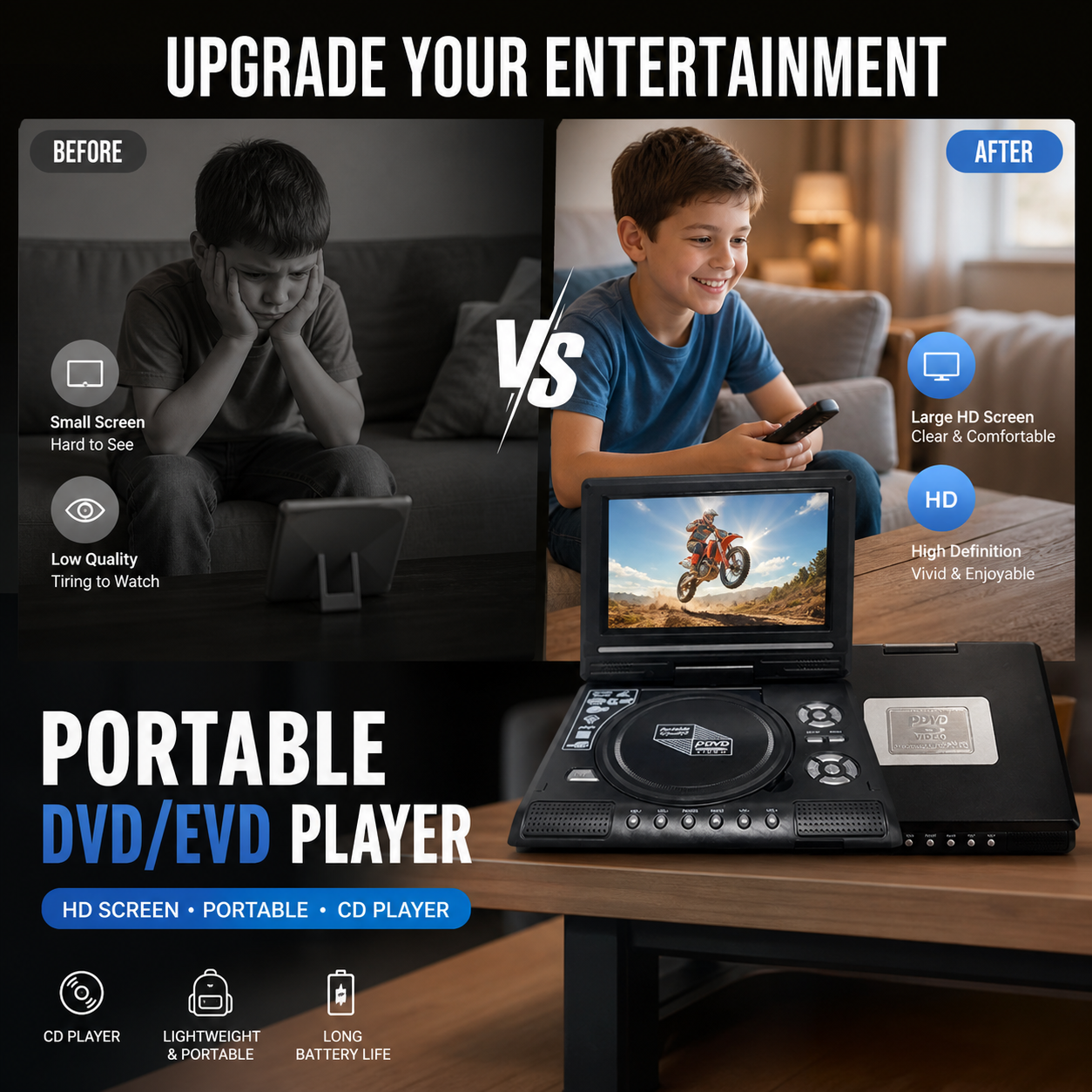 📺 50 % Rabatt – 7,8-Zoll-HD-Portable-DVD/EVD-Player – großer Bildschirm, wiederaufladbar & vielseitig – für Zuhause, Reise & Auto 🎬