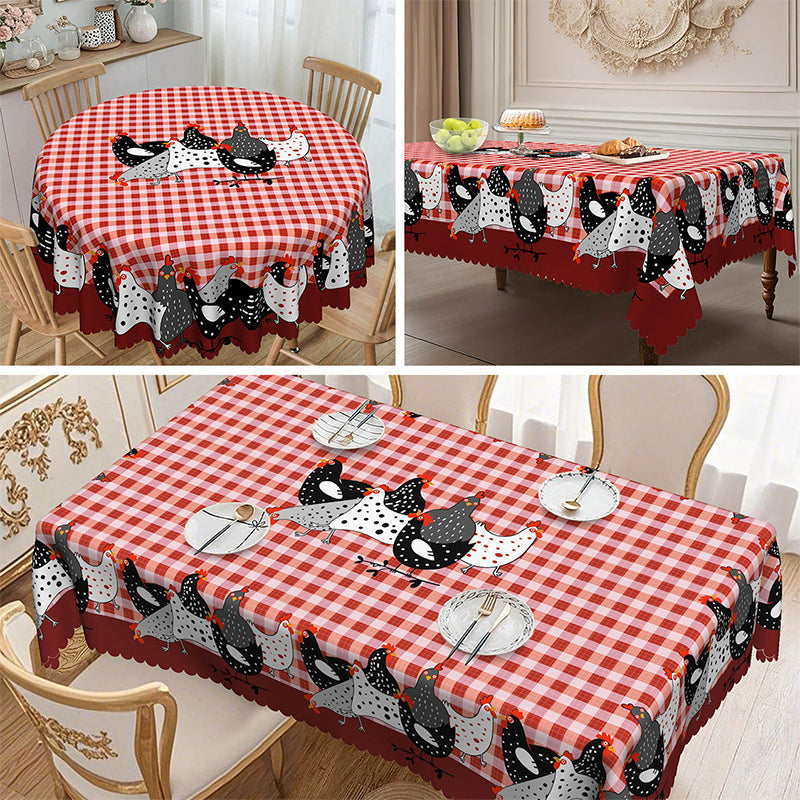 🛍️ 50 % Rabatt – Tischdecke im Landhausstil mit rotem Karomuster & farbenfrohem Hahn-Print – aus hochwertiger, waschbarer Baumwolle – ideal für Küche & Bauerhof-Stil 🐓