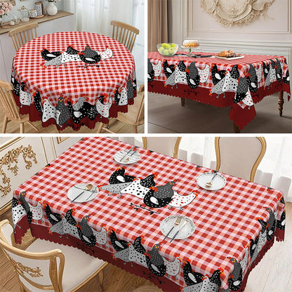 🛍️ 50 % Rabatt – Tischdecke im Landhausstil mit rotem Karomuster & farbenfrohem Hahn-Print – aus hochwertiger, waschbarer Baumwolle – ideal für Küche & Bauerhof-Stil 🐓