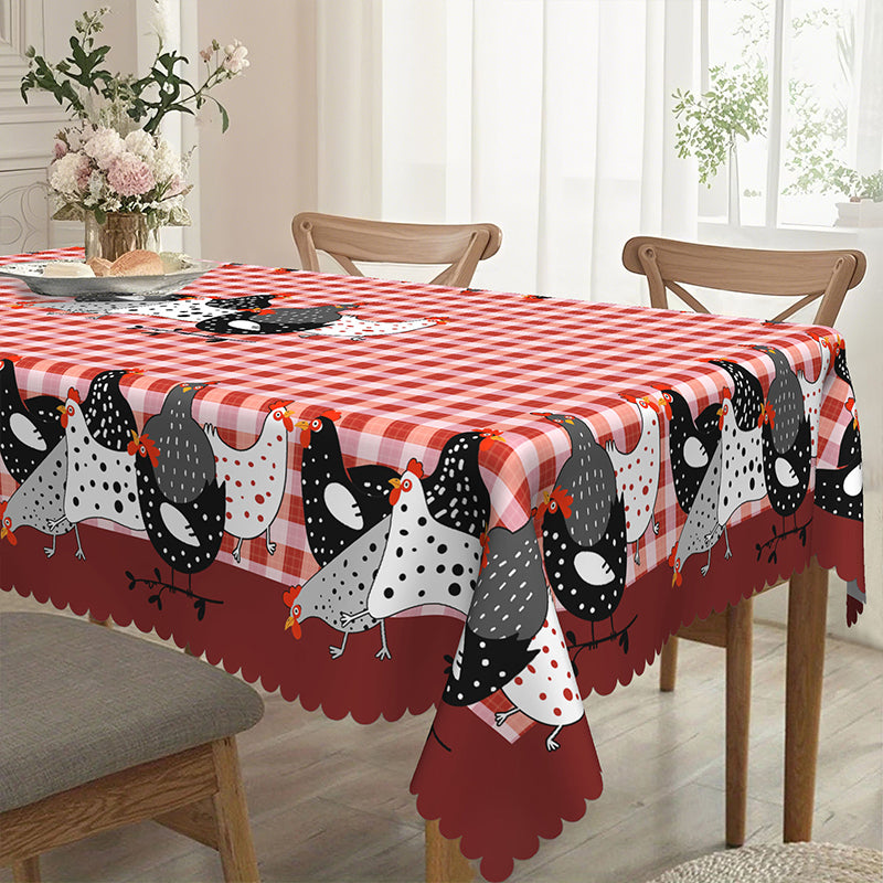 🛍️ 50 % Rabatt – Tischdecke im Landhausstil mit rotem Karomuster & farbenfrohem Hahn-Print – aus hochwertiger, waschbarer Baumwolle – ideal für Küche & Bauerhof-Stil 🐓