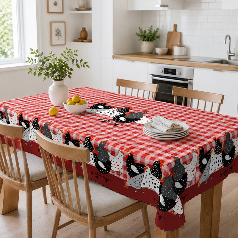 🛍️ 50 % Rabatt – Tischdecke im Landhausstil mit rotem Karomuster & farbenfrohem Hahn-Print – aus hochwertiger, waschbarer Baumwolle – ideal für Küche & Bauerhof-Stil 🐓