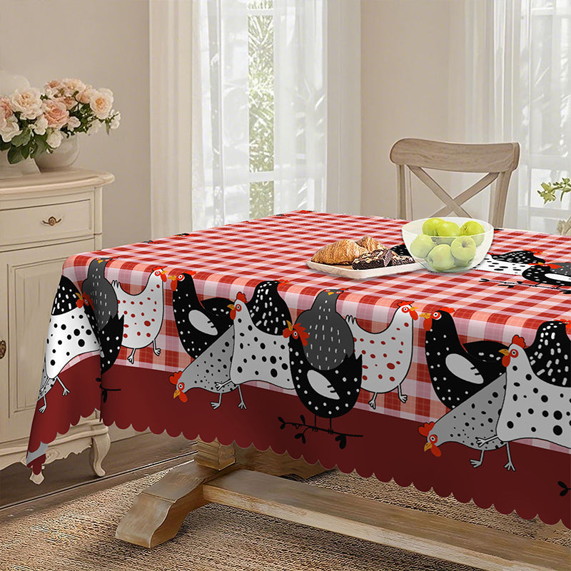 🛍️ 50 % Rabatt – Tischdecke im Landhausstil mit rotem Karomuster & farbenfrohem Hahn-Print – aus hochwertiger, waschbarer Baumwolle – ideal für Küche & Bauerhof-Stil 🐓