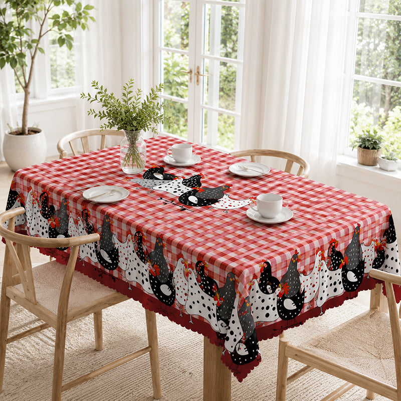 🛍️ 50 % Rabatt – Tischdecke im Landhausstil mit rotem Karomuster & farbenfrohem Hahn-Print – aus hochwertiger, waschbarer Baumwolle – ideal für Küche & Bauerhof-Stil 🐓