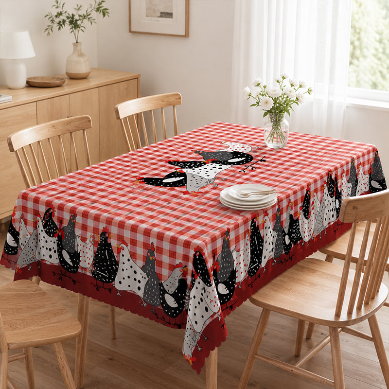 🛍️ 50 % Rabatt – Tischdecke im Landhausstil mit rotem Karomuster & farbenfrohem Hahn-Print – aus hochwertiger, waschbarer Baumwolle – ideal für Küche & Bauerhof-Stil 🐓