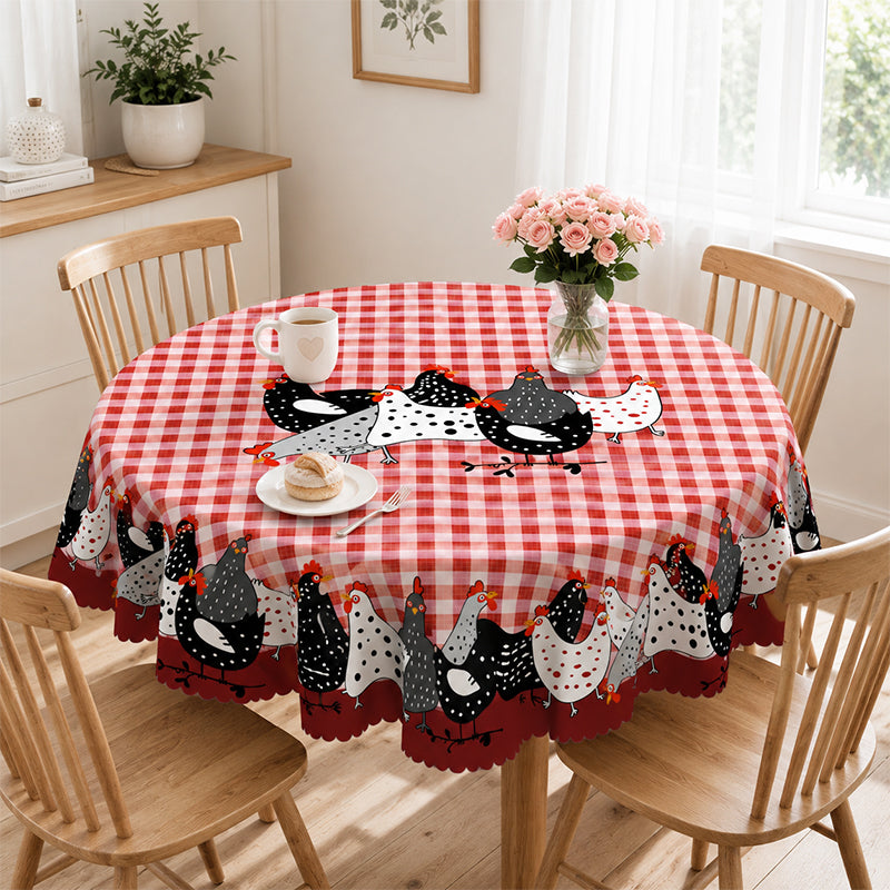 🛍️ 50 % Rabatt – Tischdecke im Landhausstil mit rotem Karomuster & farbenfrohem Hahn-Print – aus hochwertiger, waschbarer Baumwolle – ideal für Küche & Bauerhof-Stil 🐓