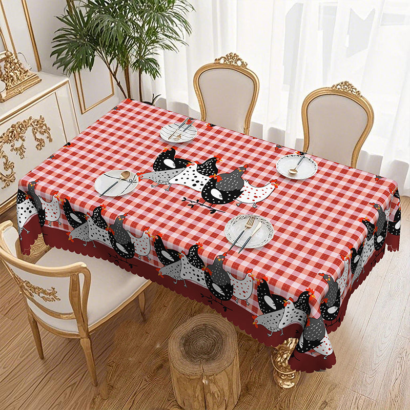🛍️ 50 % Rabatt – Tischdecke im Landhausstil mit rotem Karomuster & farbenfrohem Hahn-Print – aus hochwertiger, waschbarer Baumwolle – ideal für Küche & Bauerhof-Stil 🐓