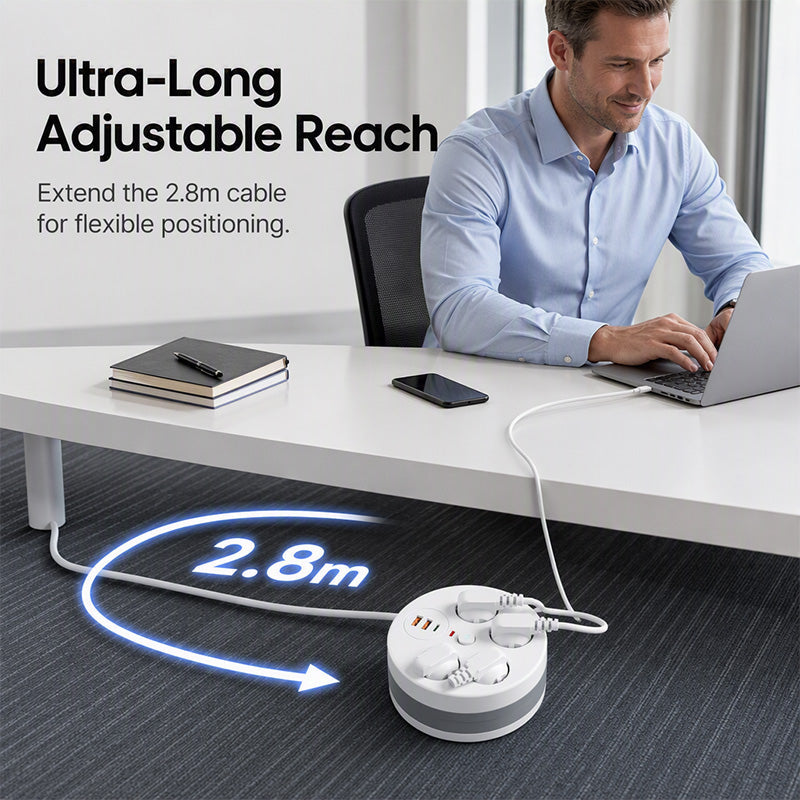 🔌 Steckdosenleiste mit Kabelaufroller – 4-fach Steckdose mit USB-Ladeanschlüssen und 2,8 m einziehbarem Kabel