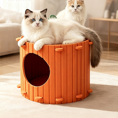 🐱🥕 Katzenhöhle aus Filz im Karotten-Design – Halbgeschlossener Schlafplatz mit Kratzbrett für Katzen