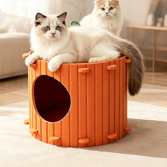 🐱🥕 Katzenhöhle aus Filz im Karotten-Design – Halbgeschlossener Schlafplatz mit Kratzbrett für Katzen