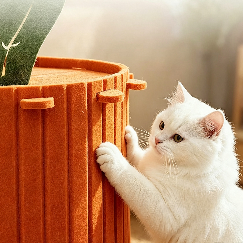 🐱🥕 Katzenhöhle aus Filz im Karotten-Design – Halbgeschlossener Schlafplatz mit Kratzbrett für Katzen