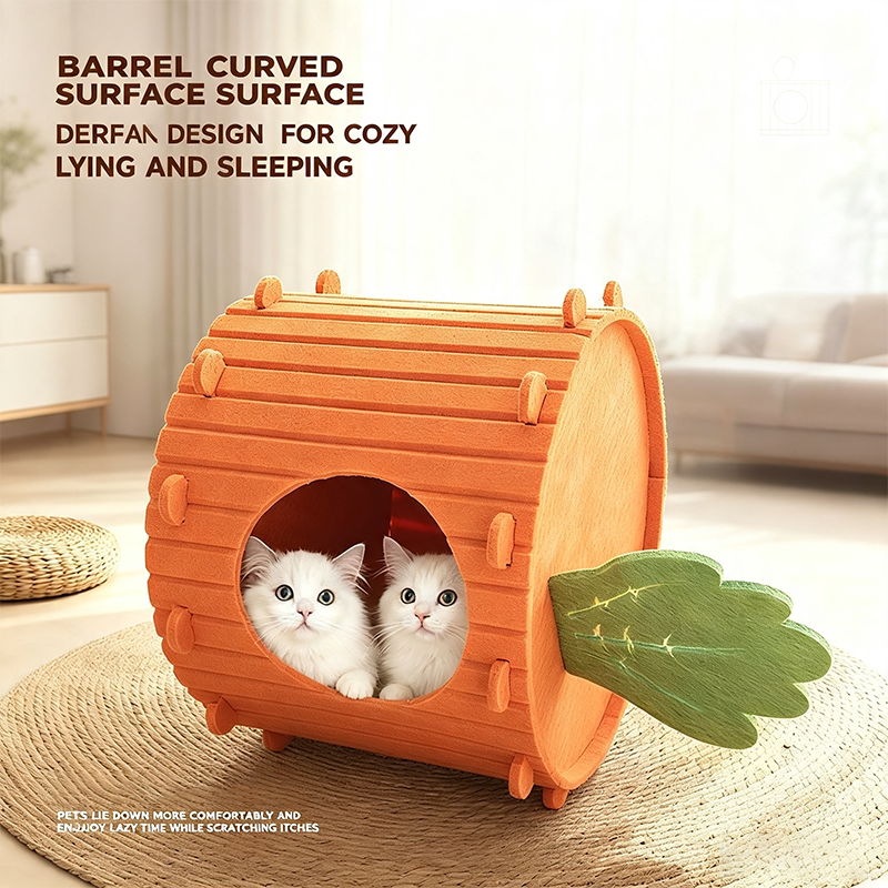 🐱🥕 Katzenhöhle aus Filz im Karotten-Design – Halbgeschlossener Schlafplatz mit Kratzbrett für Katzen
