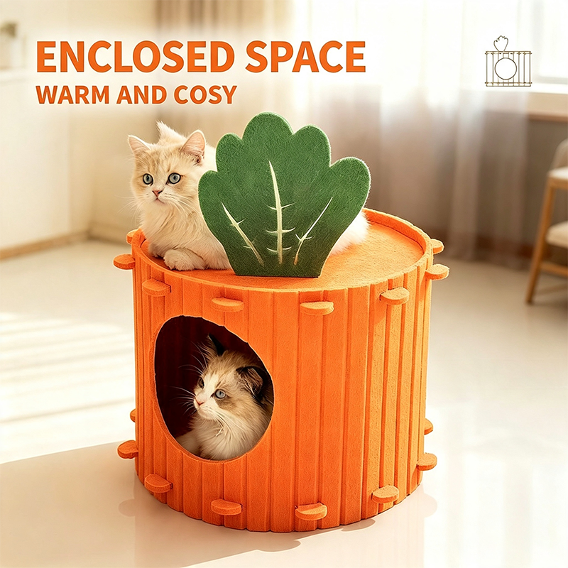 🐱🥕 Katzenhöhle aus Filz im Karotten-Design – Halbgeschlossener Schlafplatz mit Kratzbrett für Katzen