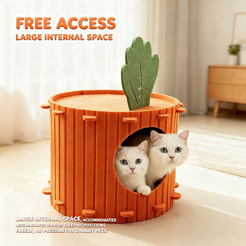 🐱🥕 Katzenhöhle aus Filz im Karotten-Design – Halbgeschlossener Schlafplatz mit Kratzbrett für Katzen