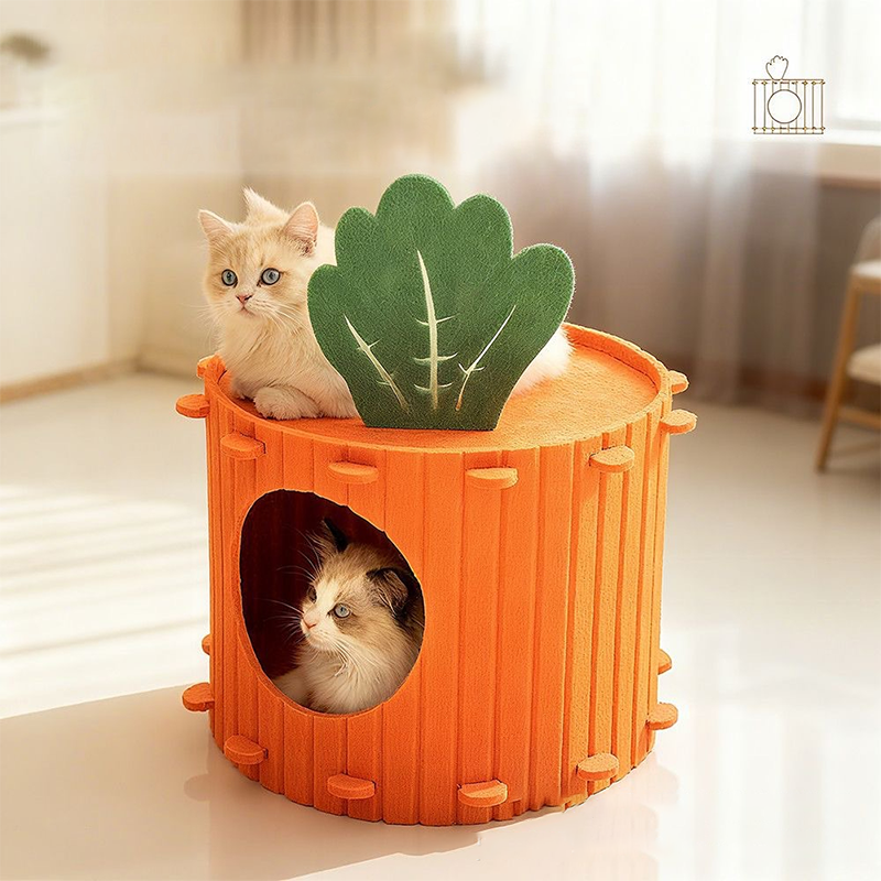 🐱🥕 Katzenhöhle aus Filz im Karotten-Design – Halbgeschlossener Schlafplatz mit Kratzbrett für Katzen