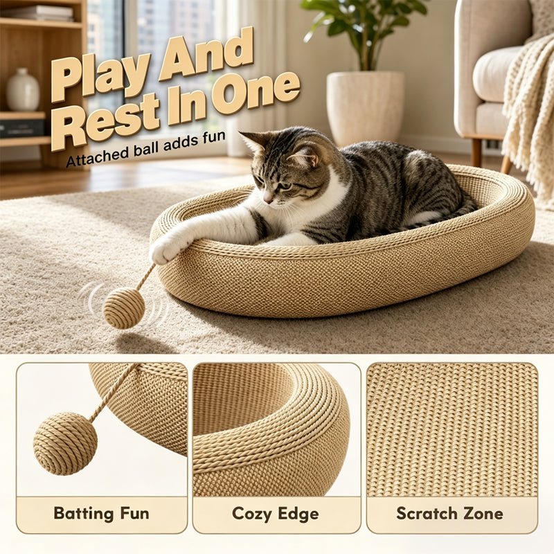 🐱 50% RABATT! 🛏️ Strapazierfähiges Sisal-Kratzbett für Katzen – Langlebige Kratzfläche, ovale Form & inkl. Spielzeug – Perfekt zum Spielen & Ausruhen ✨