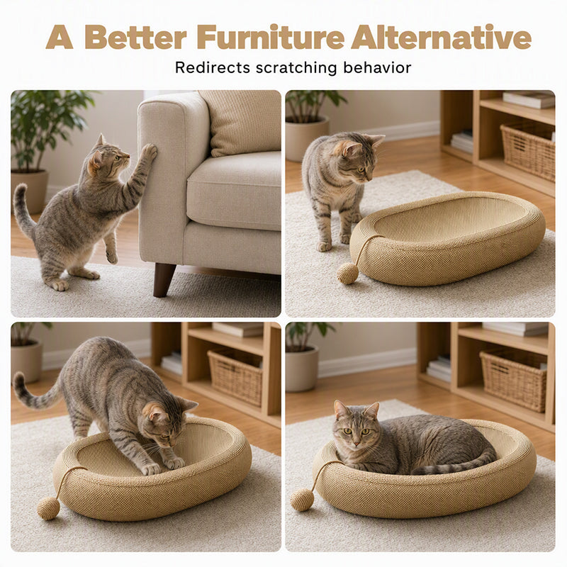 🐱 50% RABATT! 🛏️ Strapazierfähiges Sisal-Kratzbett für Katzen – Langlebige Kratzfläche, ovale Form & inkl. Spielzeug – Perfekt zum Spielen & Ausruhen ✨