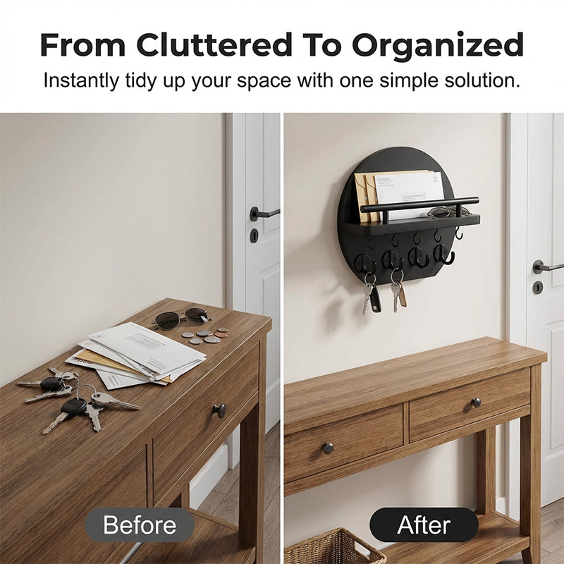 Wall Mount Key Holder with Shelf & Hooks