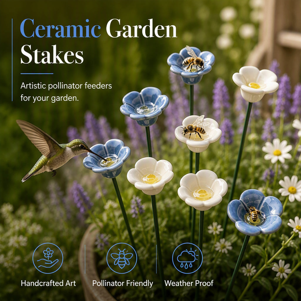🐝🌸 Keramik-Bienenfutterstelle mit Vergissmeinnicht-Blume – Handgemachte Gartendeko für Garten, Balkon und Terrasse
