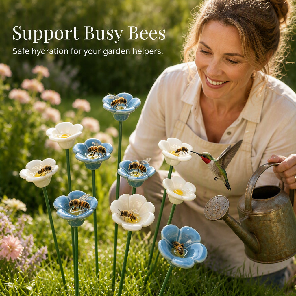 🐝🌸 Keramik-Bienenfutterstelle mit Vergissmeinnicht-Blume – Handgemachte Gartendeko für Garten, Balkon und Terrasse