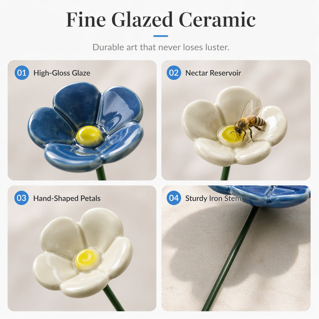 🐝🌸 Keramik-Bienenfutterstelle mit Vergissmeinnicht-Blume – Handgemachte Gartendeko für Garten, Balkon und Terrasse