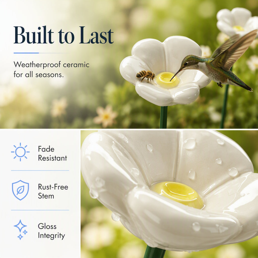 🐝🌸 Keramik-Bienenfutterstelle mit Vergissmeinnicht-Blume – Handgemachte Gartendeko für Garten, Balkon und Terrasse