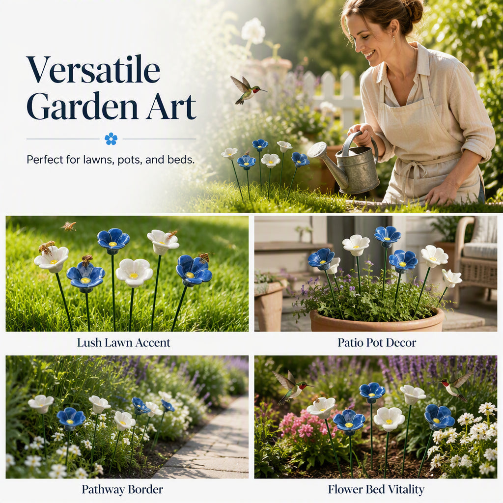 🐝🌸 Keramik-Bienenfutterstelle mit Vergissmeinnicht-Blume – Handgemachte Gartendeko für Garten, Balkon und Terrasse