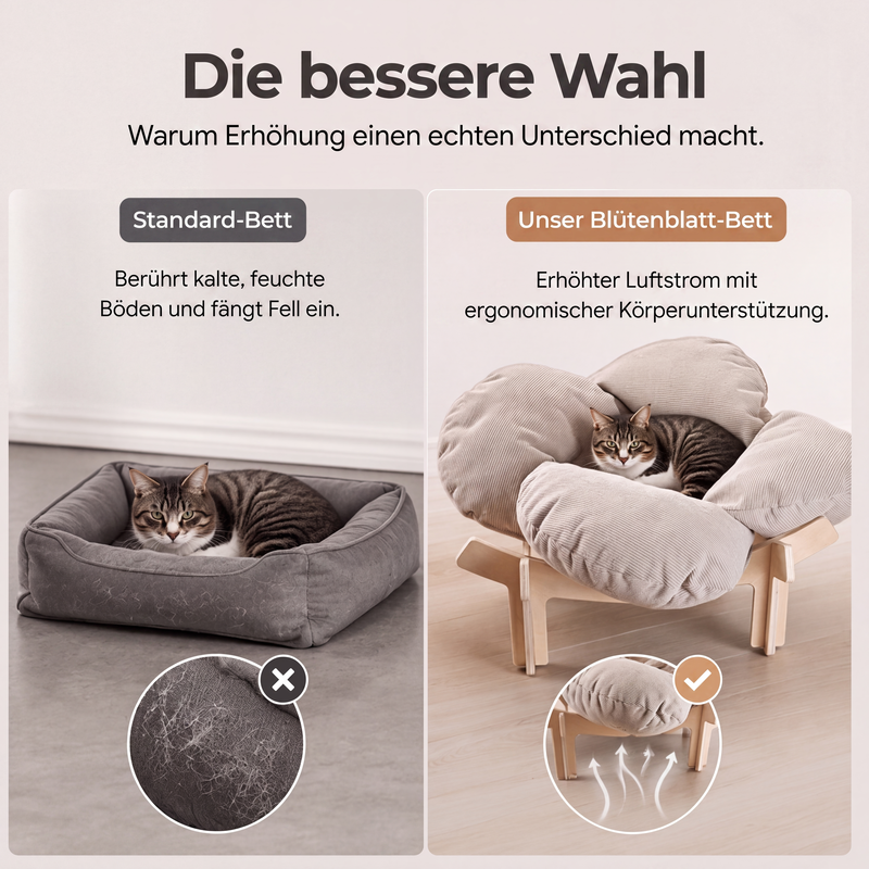 🐾 Holz-Tierbett im Blütendesign – Erhöhtes Katzen- & Hundebett für kleine Haustiere