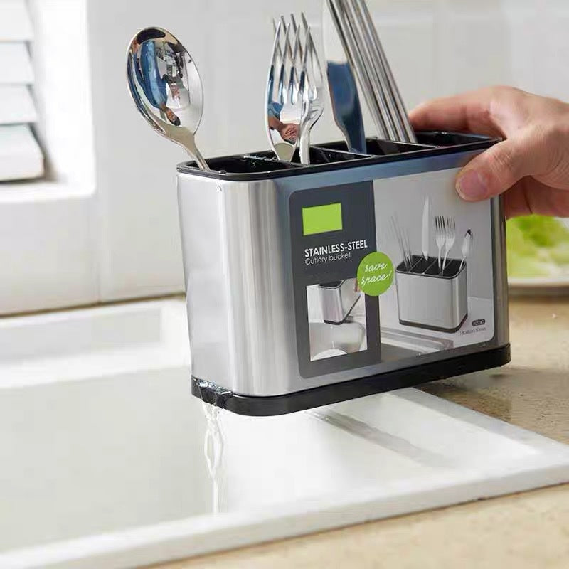 🍴 Edelstahl-Besteckhalter mit Abtropffunktion – Praktischer Küchen-Organizer für Löffel, Gabeln & Messer